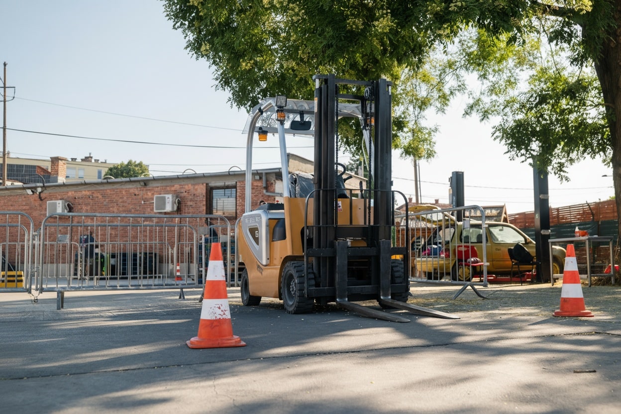 Targoncás vizsga pályája 2025 Budapest FEDERAL Trust vezetőüléses targonca gyakorlati vizsga biztonsági bójákkal